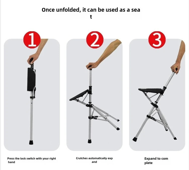 Two In One Compact Collapsible Cane And Chair With Seat