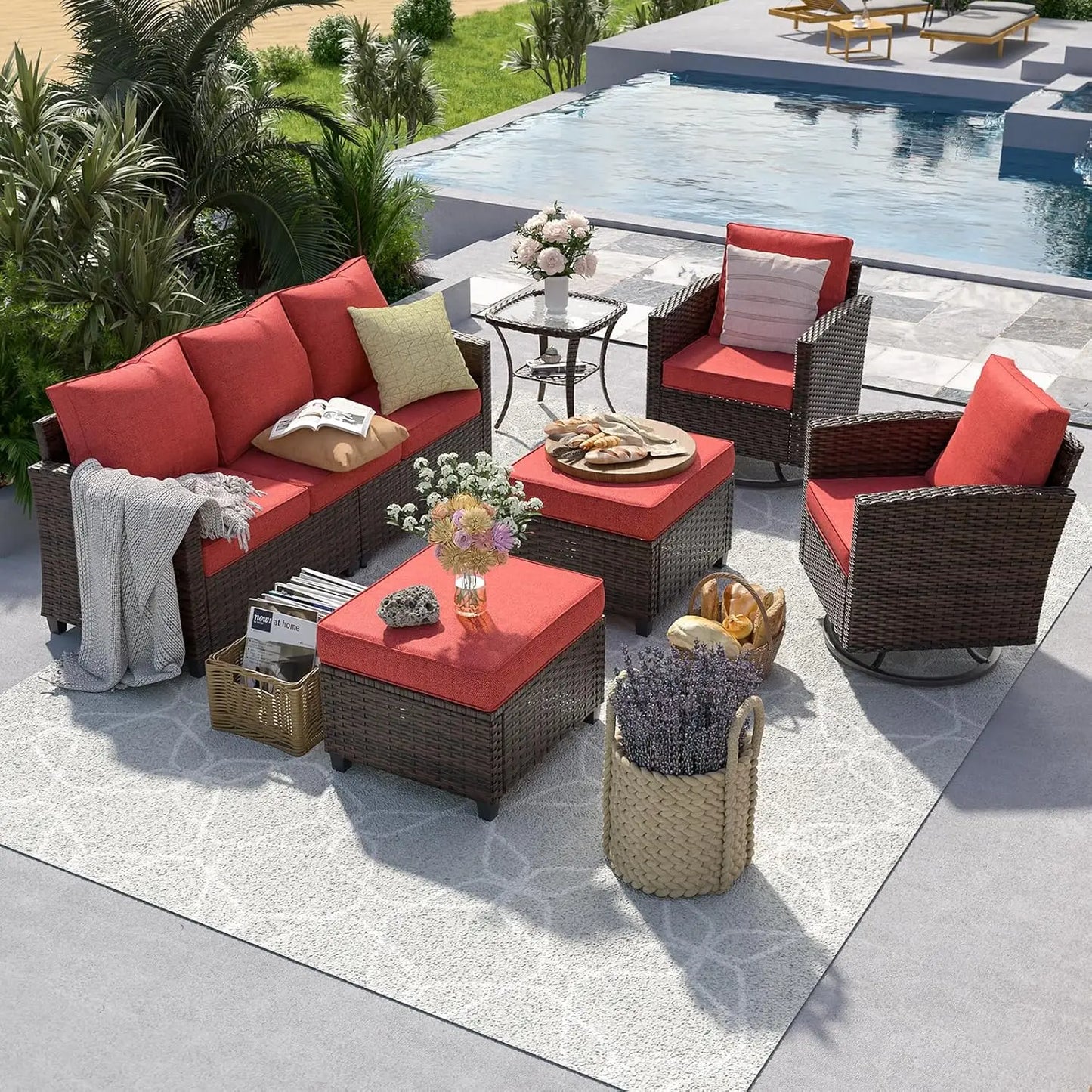 Six Piece PE Rattan Sectional Sofa Set With Swivel Chairs