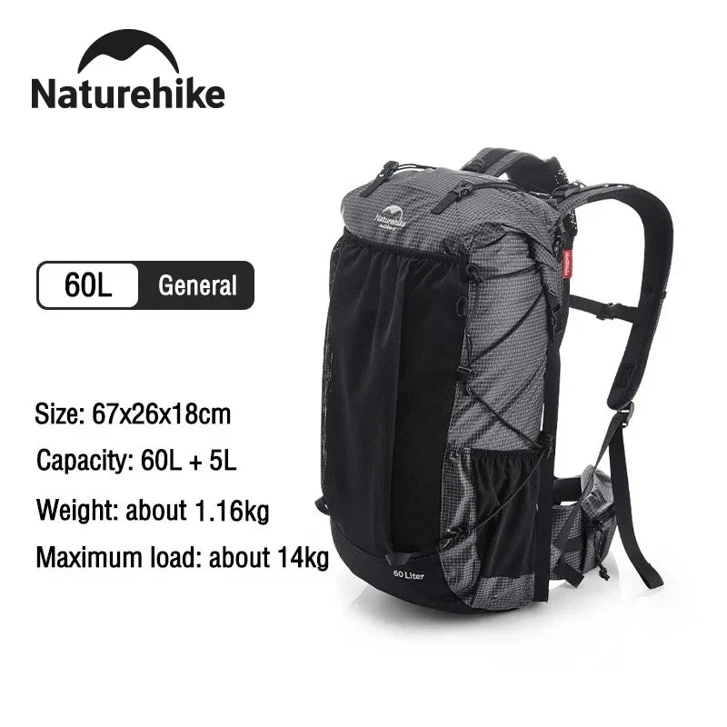 Naturehike Waterproof Mountain Backpack 60 Plus 5L Rain Cover Included