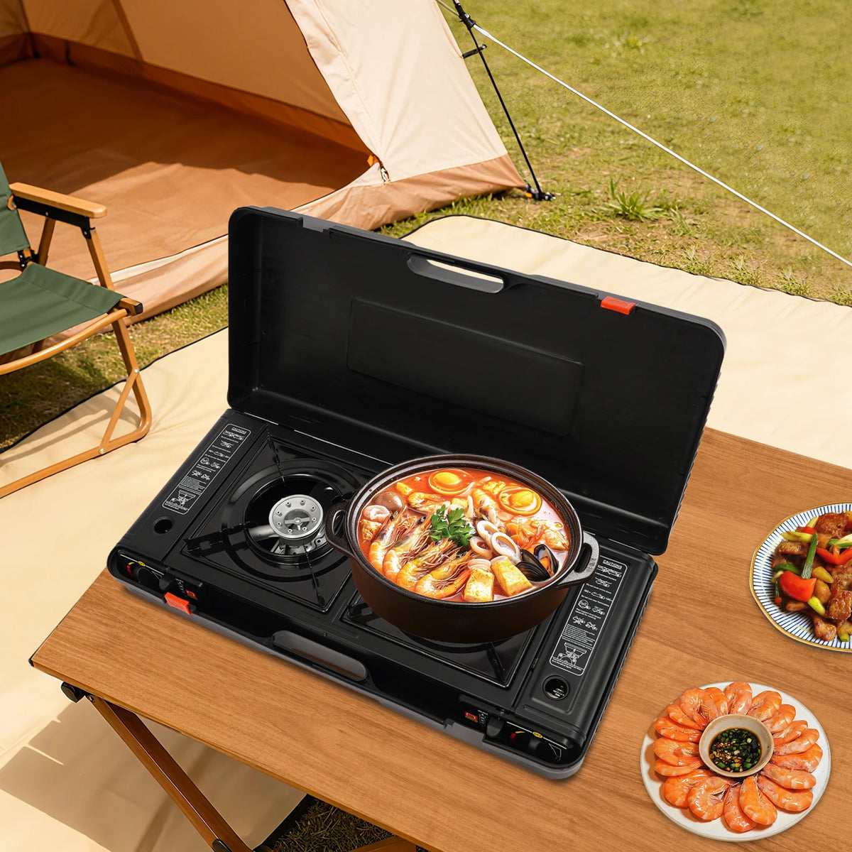 2 Burner Portable Gas Stove With Piezo Ignition Carrying Case