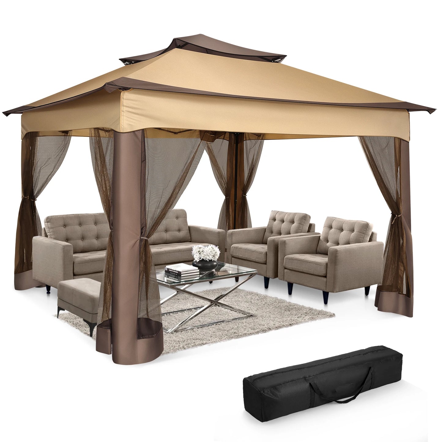 Pop Up Gazebo Canopy Tent With Mosquito Netting And Double Roof Ventilation