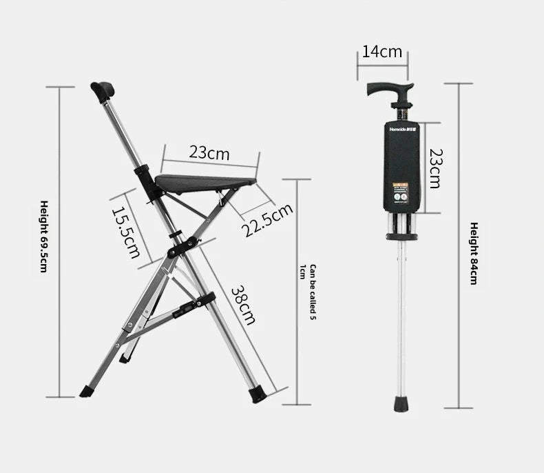 Two In One Compact Collapsible Cane And Chair With Seat