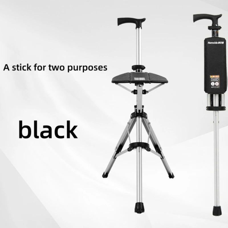 Two In One Compact Collapsible Cane And Chair With Seat