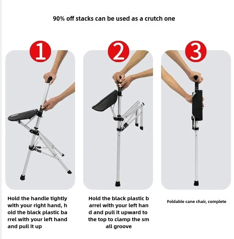 Two In One Compact Collapsible Cane And Chair With Seat