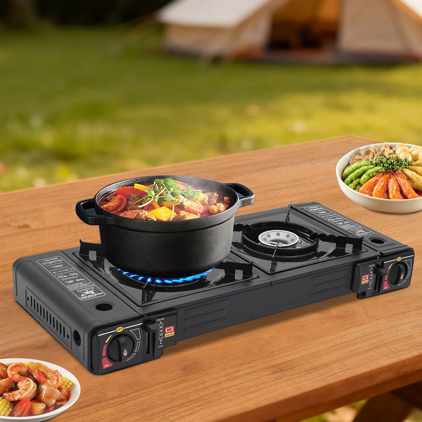 Two Burner Portable LPG Stove With Piezo Ignition Carry Case