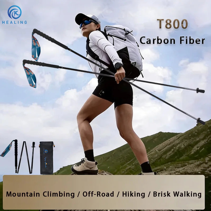 OKHEALING Trekking Poles Carbon Fiber Folding Hiking Sticks