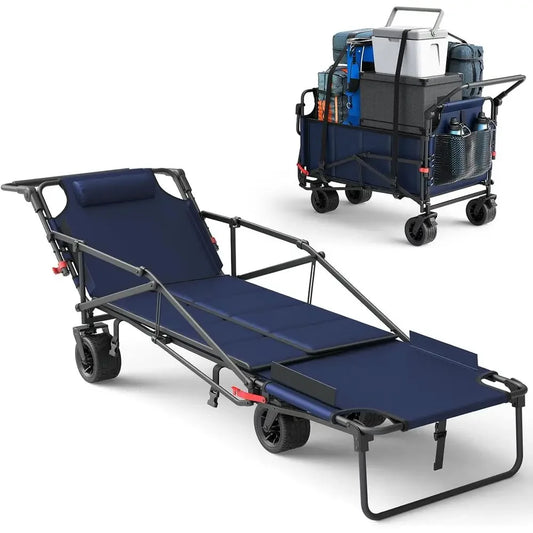 Dual Purpose Folding Utility Wagon With Convertible Beach Chair 650 Lbs Capacity