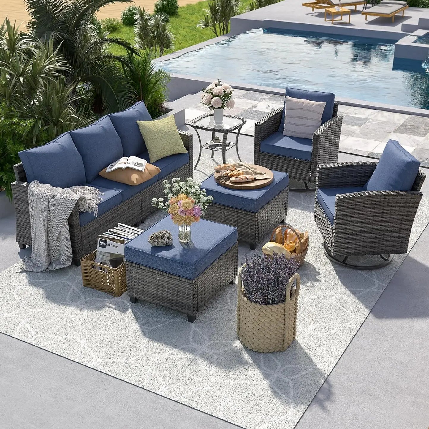 Six Piece PE Rattan Sectional Sofa Set With Swivel Chairs