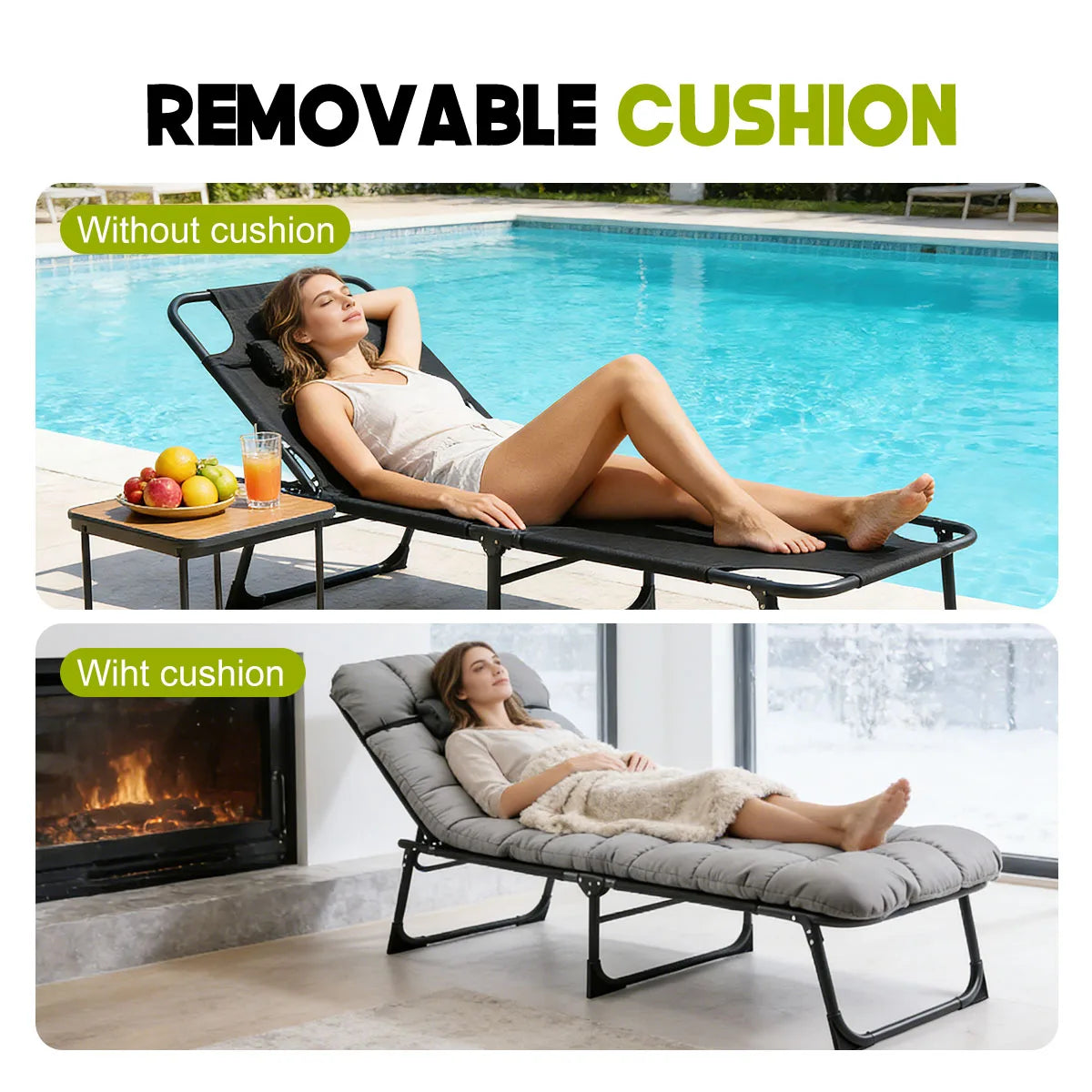 Adjustable Three-Position Folding Camping Lounge Chair With Removable Cushion