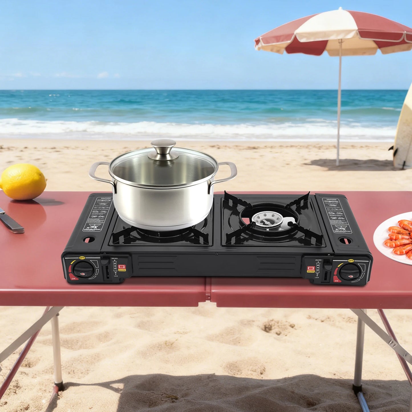Two Burner Portable LPG Stove With Piezo Ignition Carry Case