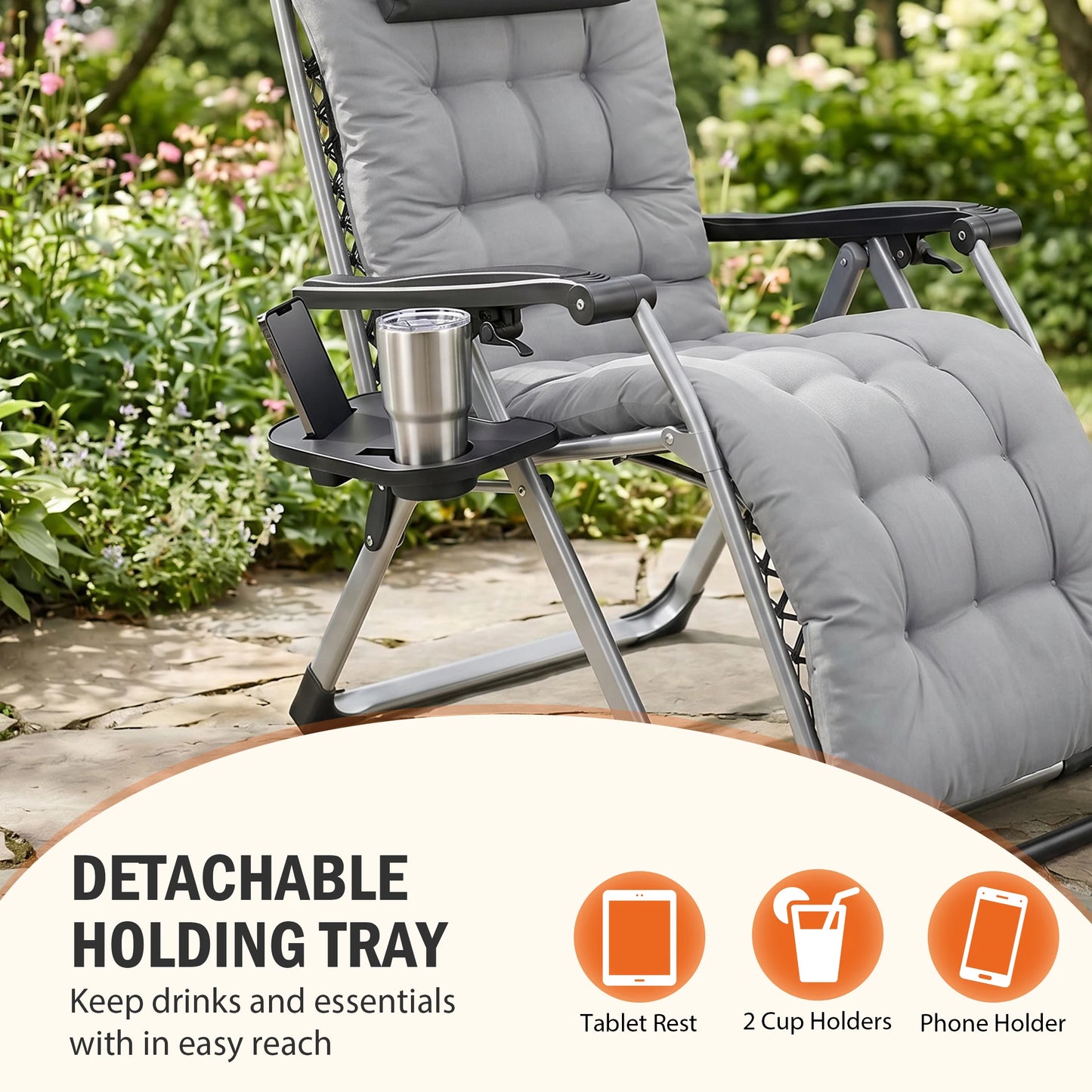 JHK Zero Gravity Reclining Camping Lounge Chair With Cup Holder Trays