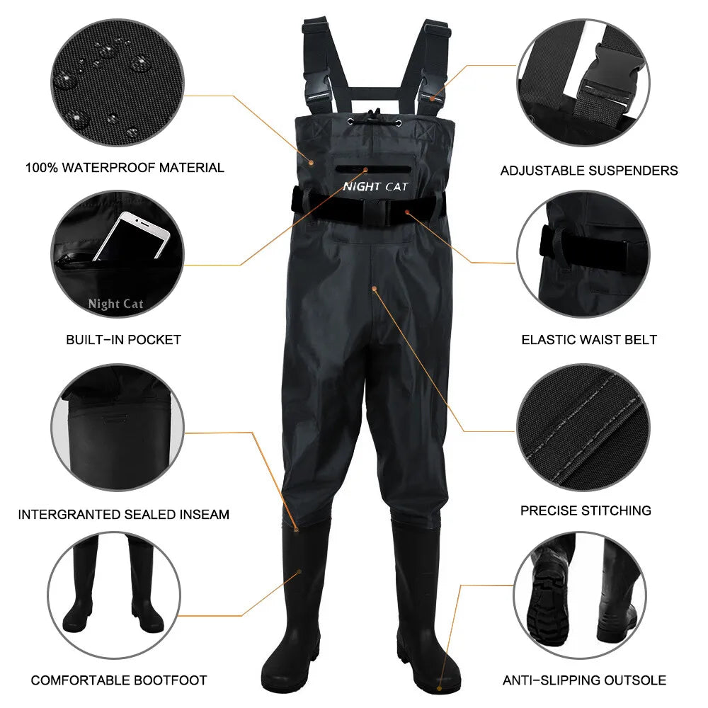 Unisex Waterproof Nylon PVC Chest Waders With Boots For Fishing Anti Slip Sole