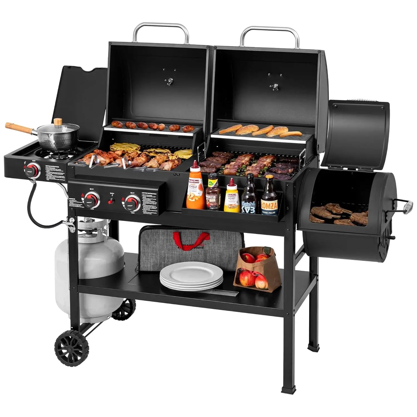 Dual Fuel Grill With Offset Smoker And Side Burner