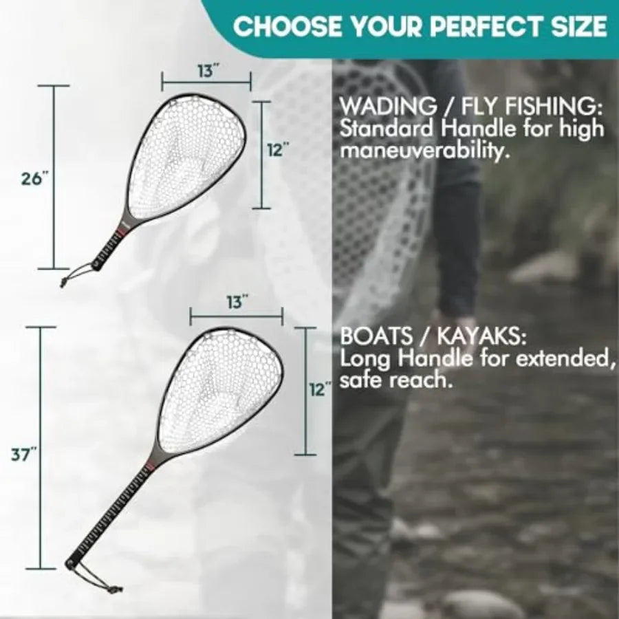 Fly Fishing Landing Net For Trout With Carbon Fiber Frame And Soft Rubber Mesh