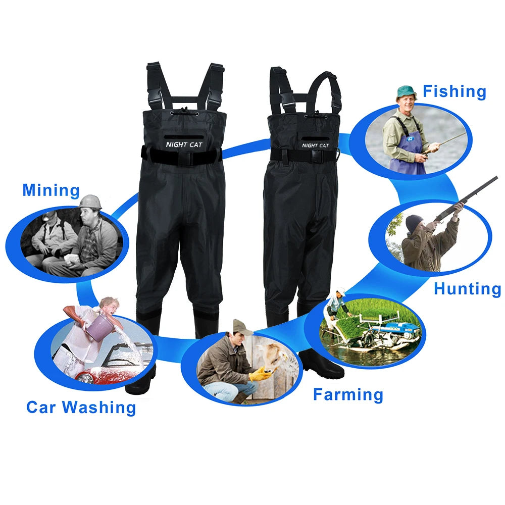 Unisex Waterproof Nylon PVC Chest Waders With Boots For Fishing Anti Slip Sole