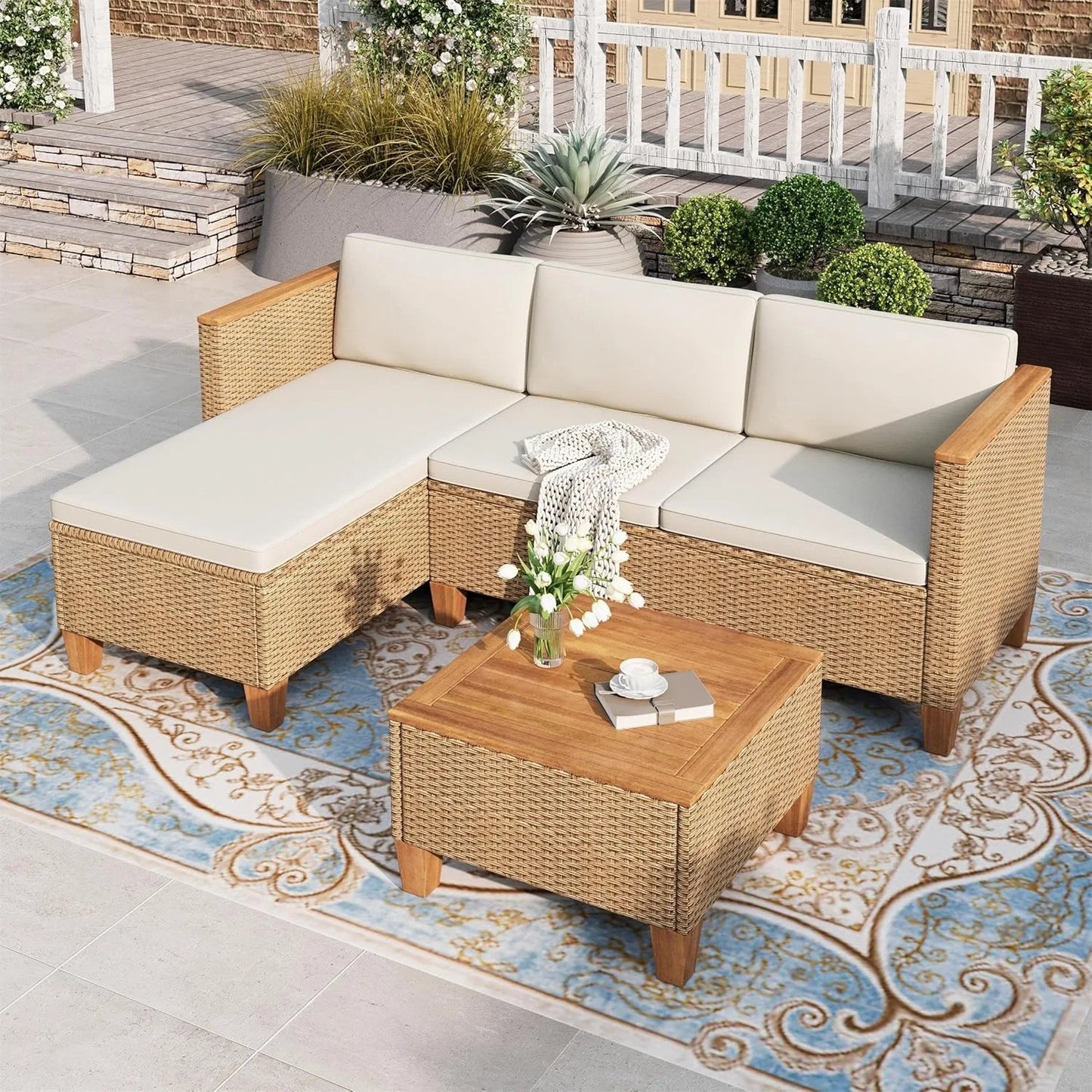XIUWO 3 Piece Outdoor Wicker Patio Furniture Set With Table