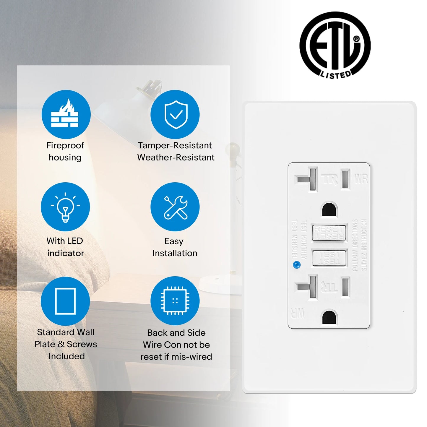 NineLeaf Weather Resistant GFCI Outdoor Wall Outlet With Led Indicator