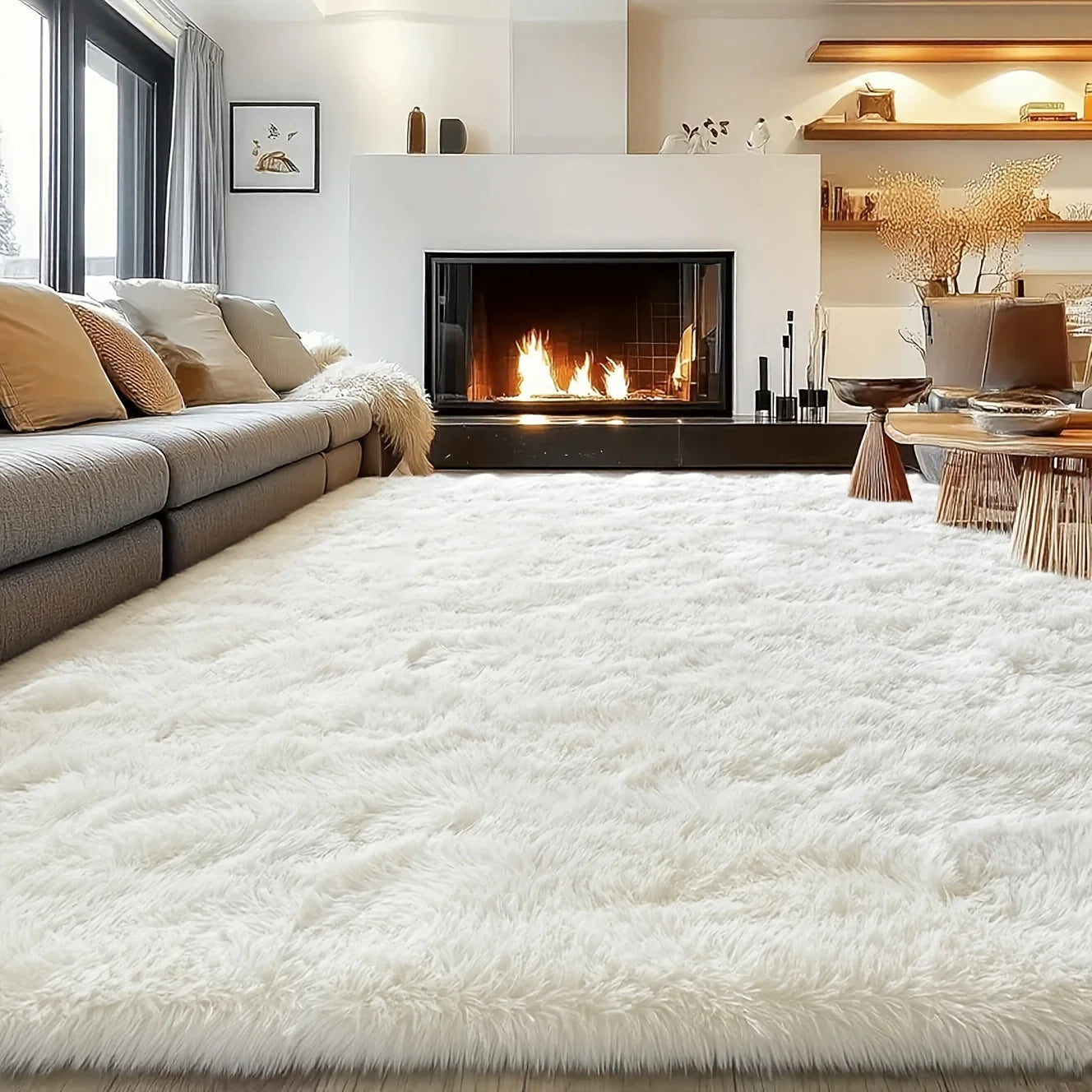 Wool Plush Shag Rug Non Slip Furry Carpet Living Room