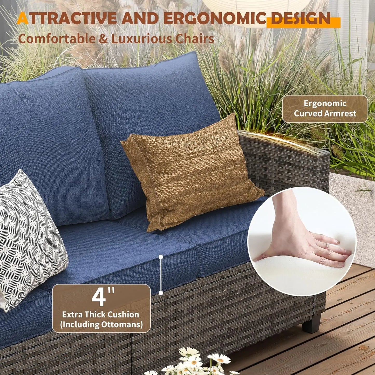 Six Piece PE Rattan Sectional Sofa Set With Swivel Chairs