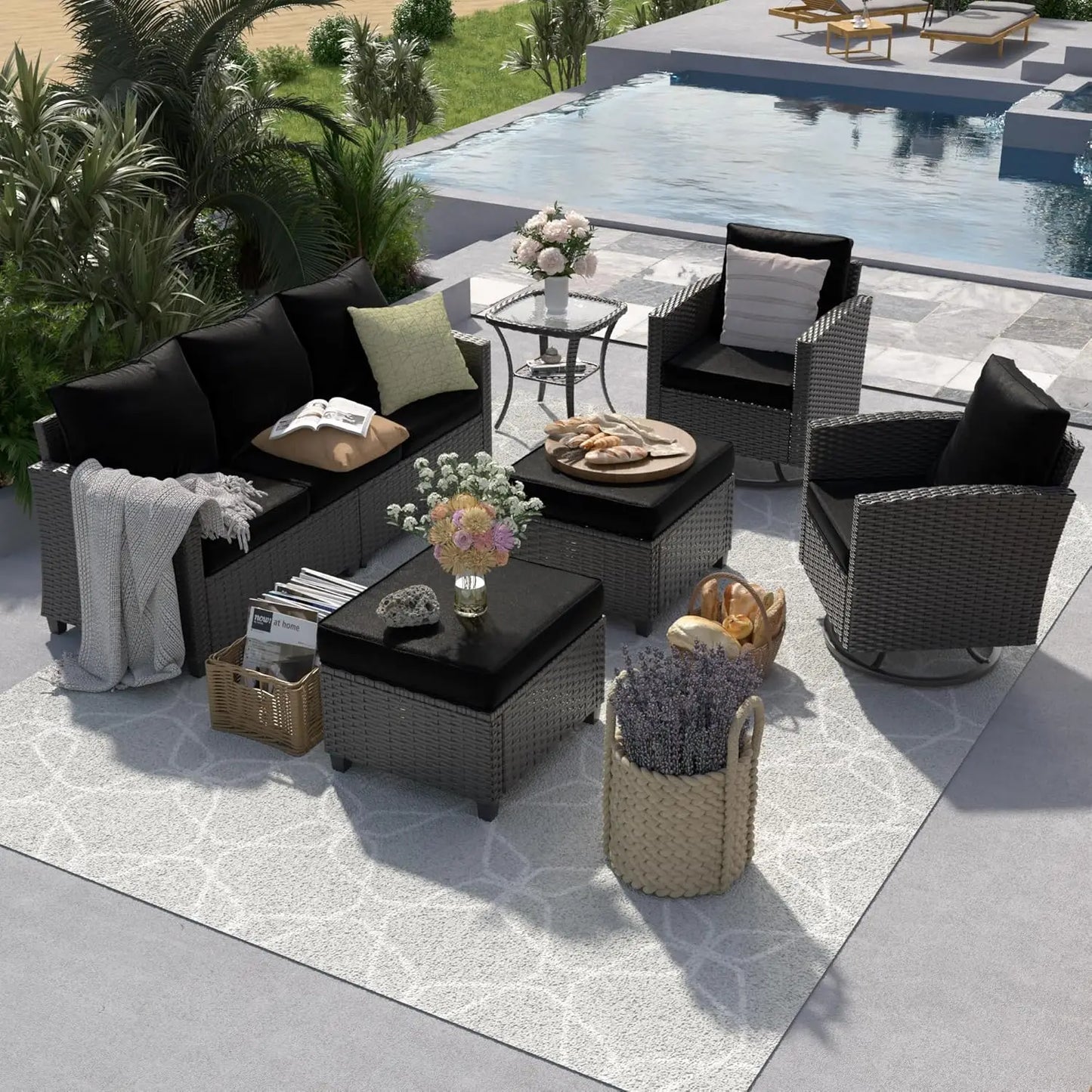 Six Piece PE Rattan Sectional Sofa Set With Swivel Chairs