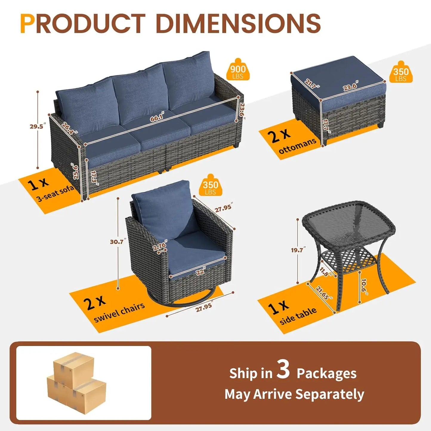 Six Piece PE Rattan Sectional Sofa Set With Swivel Chairs