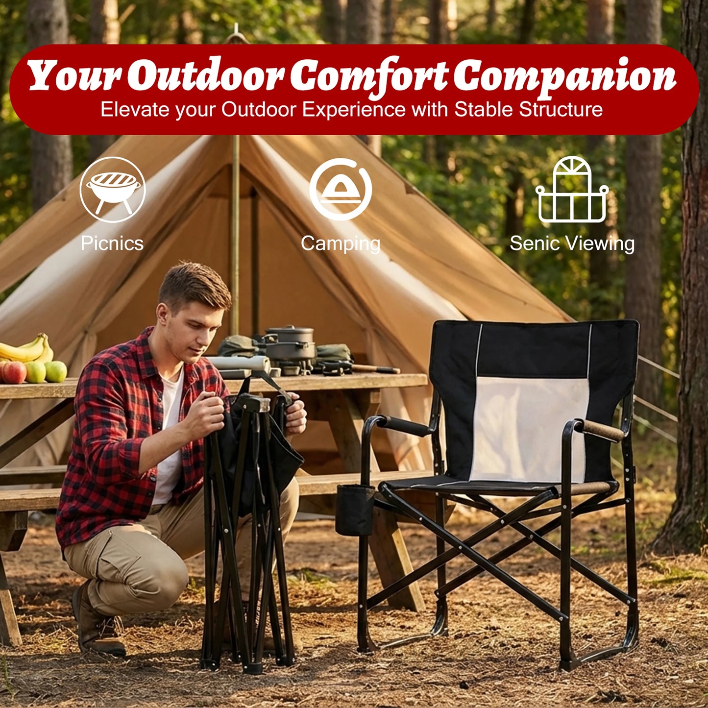 JHK Outdoor Folding Camping Chair Mesh Back Waterproof Armrests