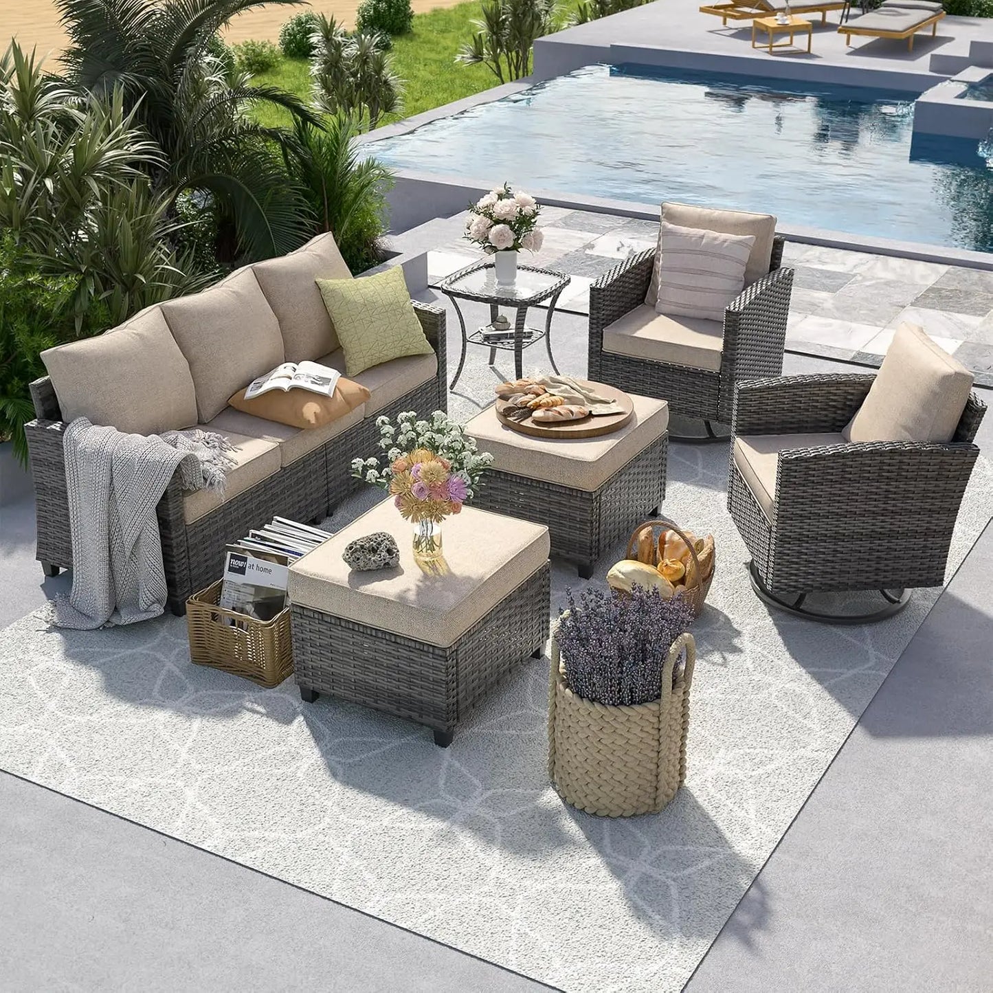 Six Piece PE Rattan Sectional Sofa Set With Swivel Chairs