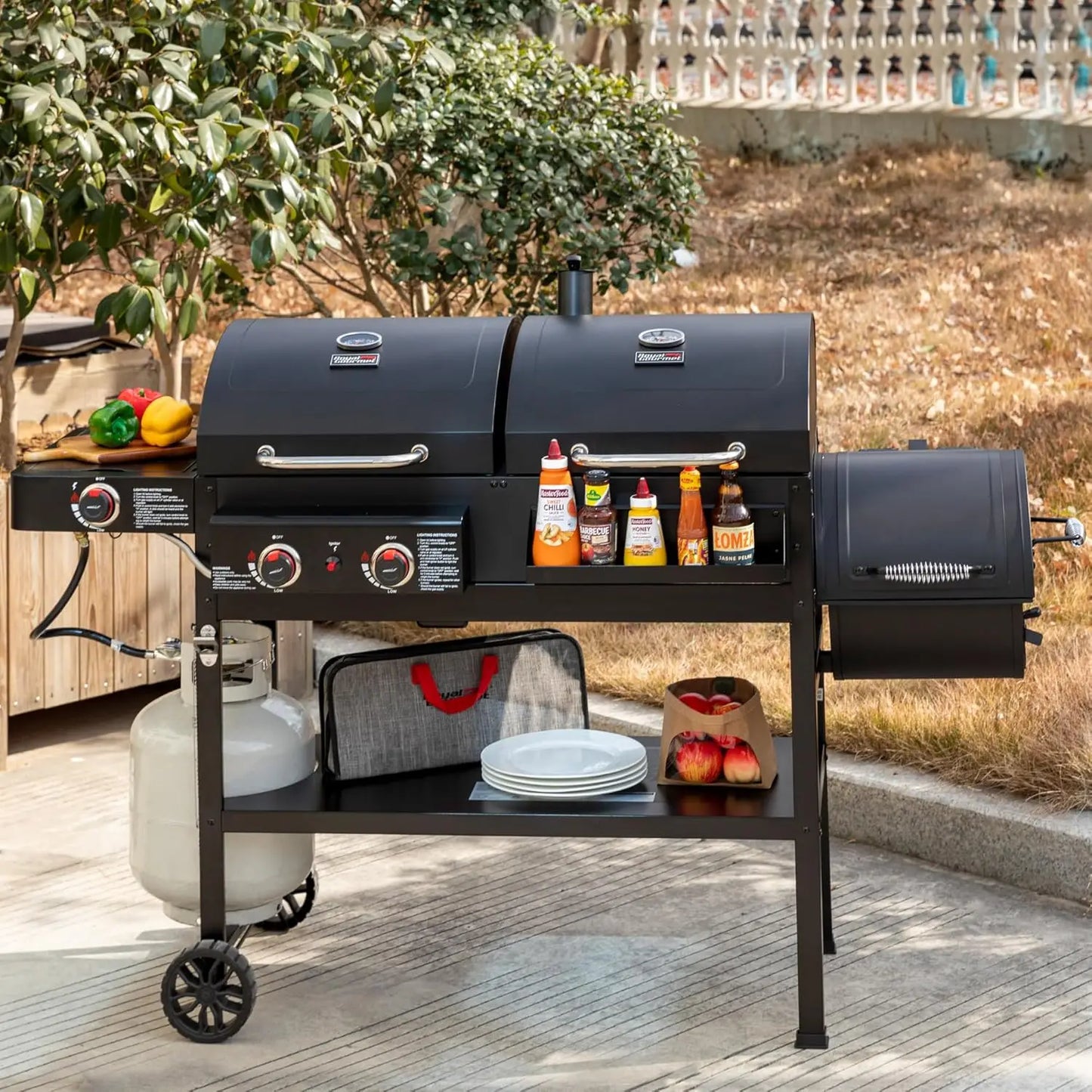 Dual Fuel Grill With Offset Smoker And Side Burner