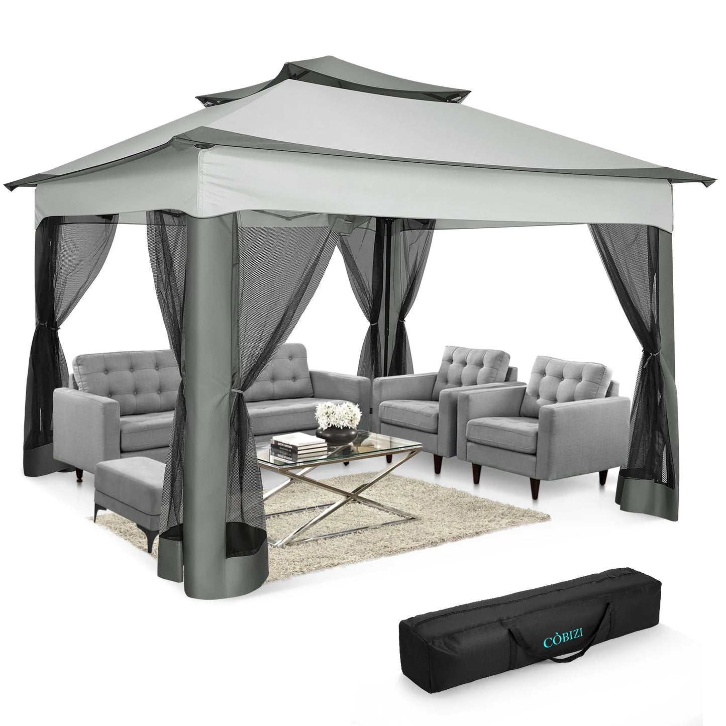 Pop Up Gazebo Canopy Tent With Mosquito Netting And Double Roof Ventilation