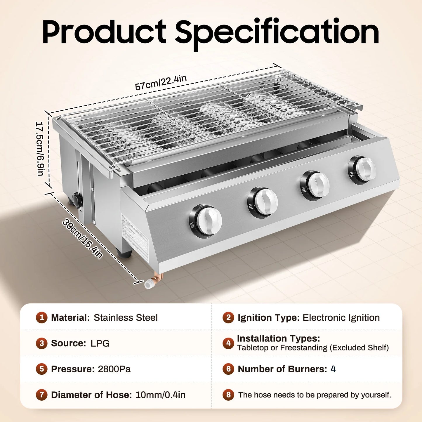 Portable 4 Burners Propane Barbecue Grill Removable Smokeless Outdoor Patio