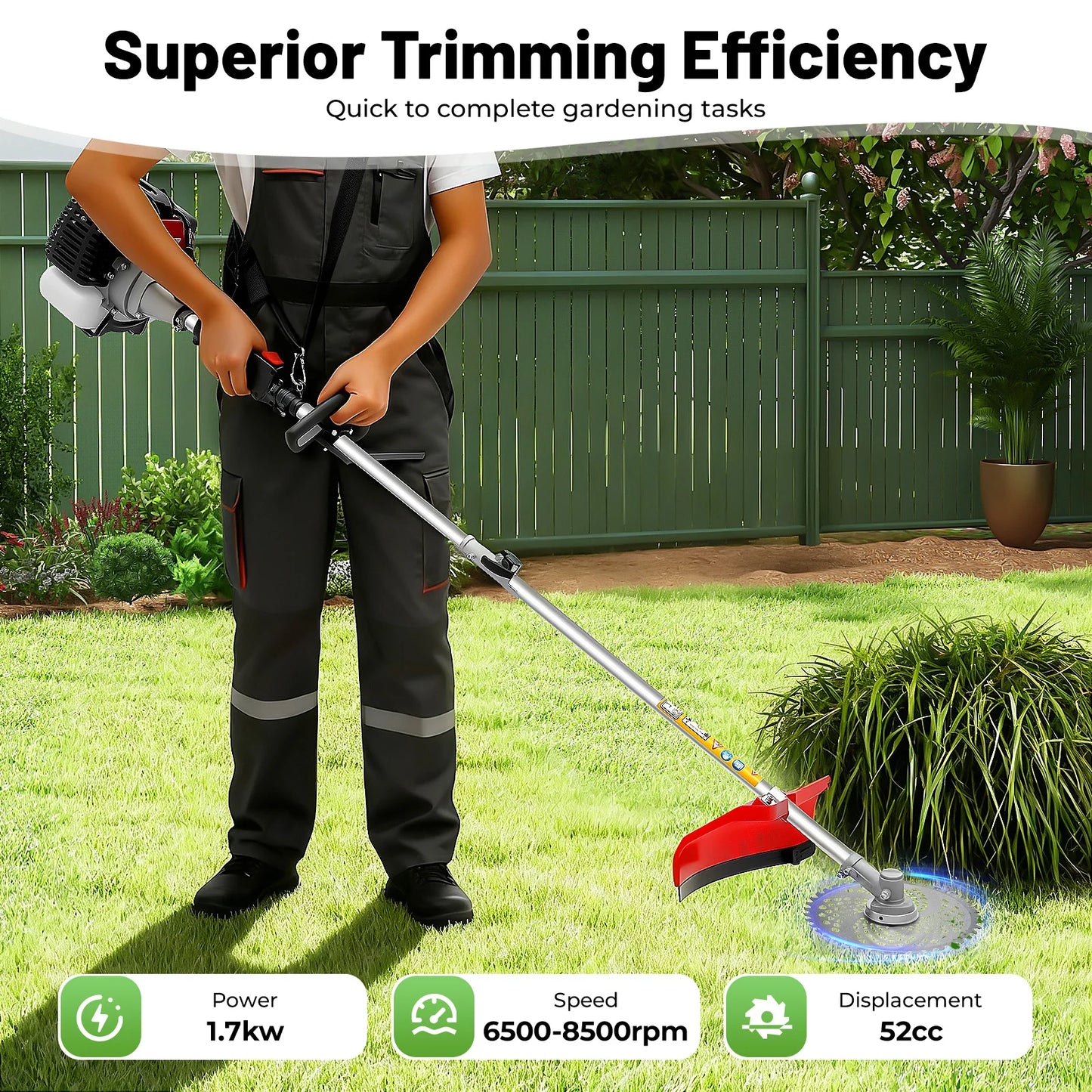 TOOL1SHOoo Gas Lawn Mower 52cc 2 Stroke With 7 Heads