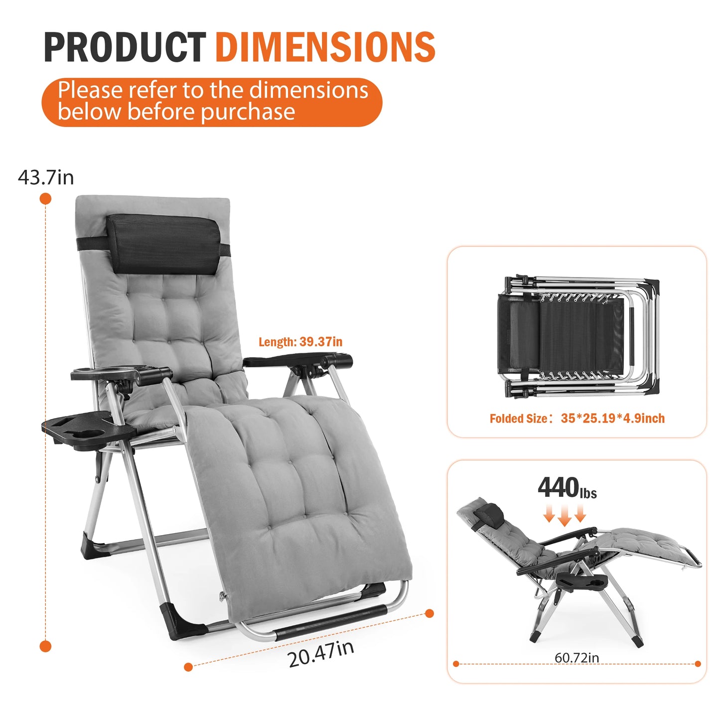 JHK Zero Gravity Reclining Camping Lounge Chair With Cup Holder Trays
