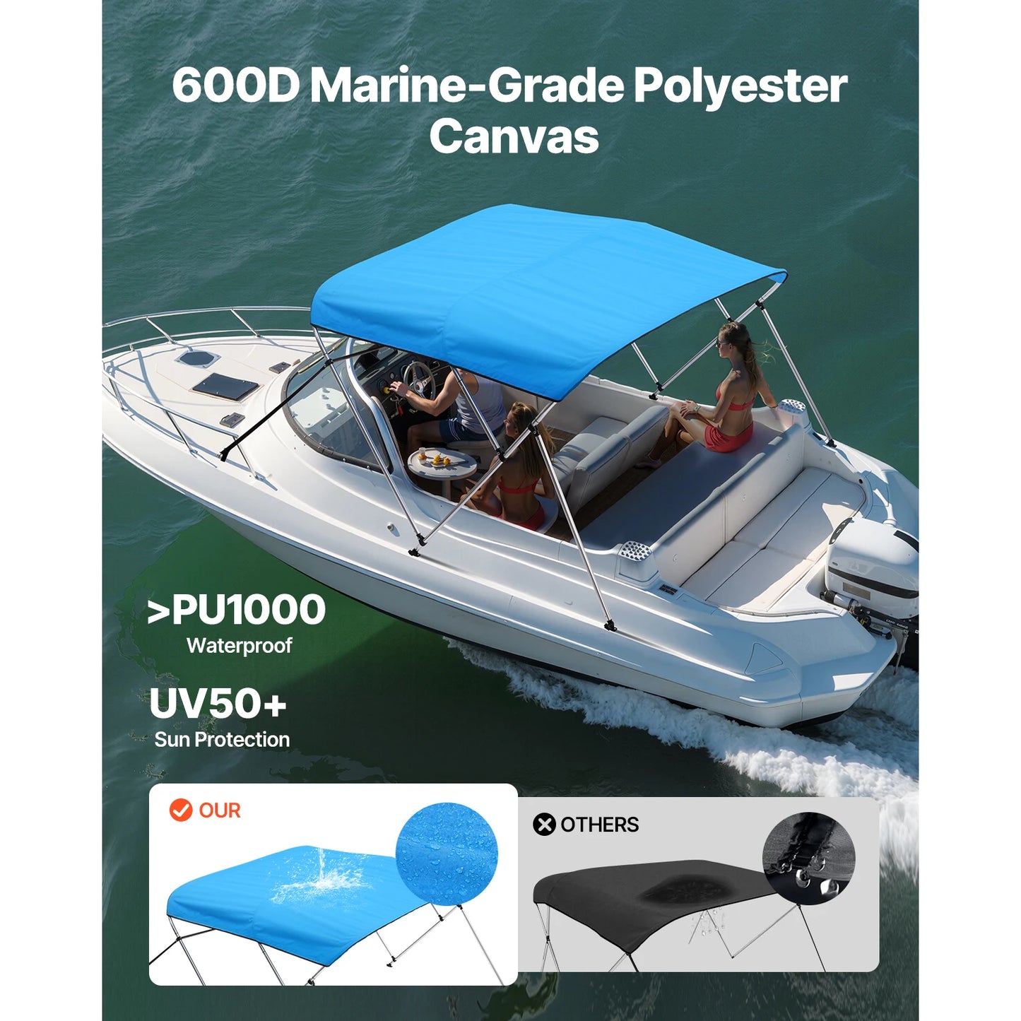 SucceBuy Boat Bimini Tops With Aluminum Frame 600D Polyester Waterproof