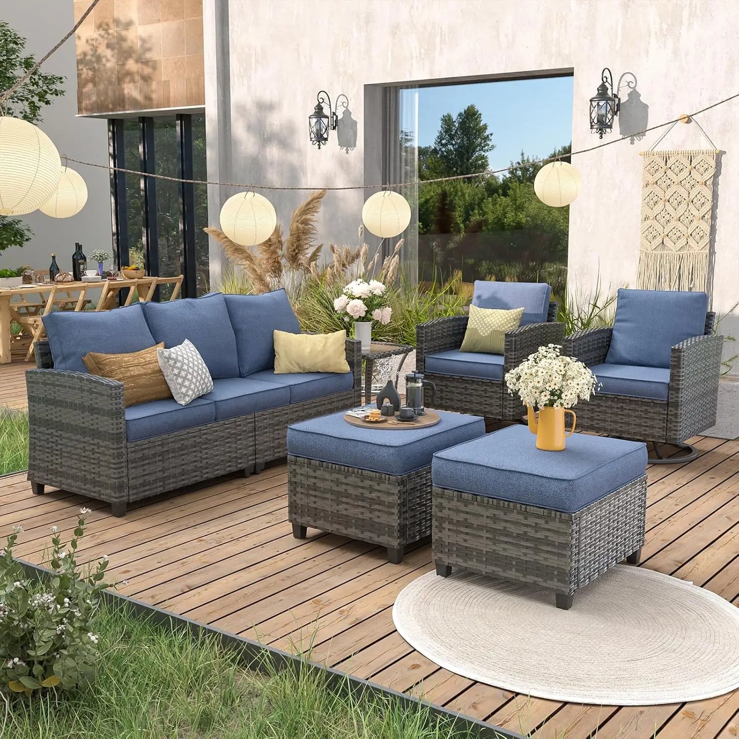 Six Piece PE Rattan Sectional Sofa Set With Swivel Chairs
