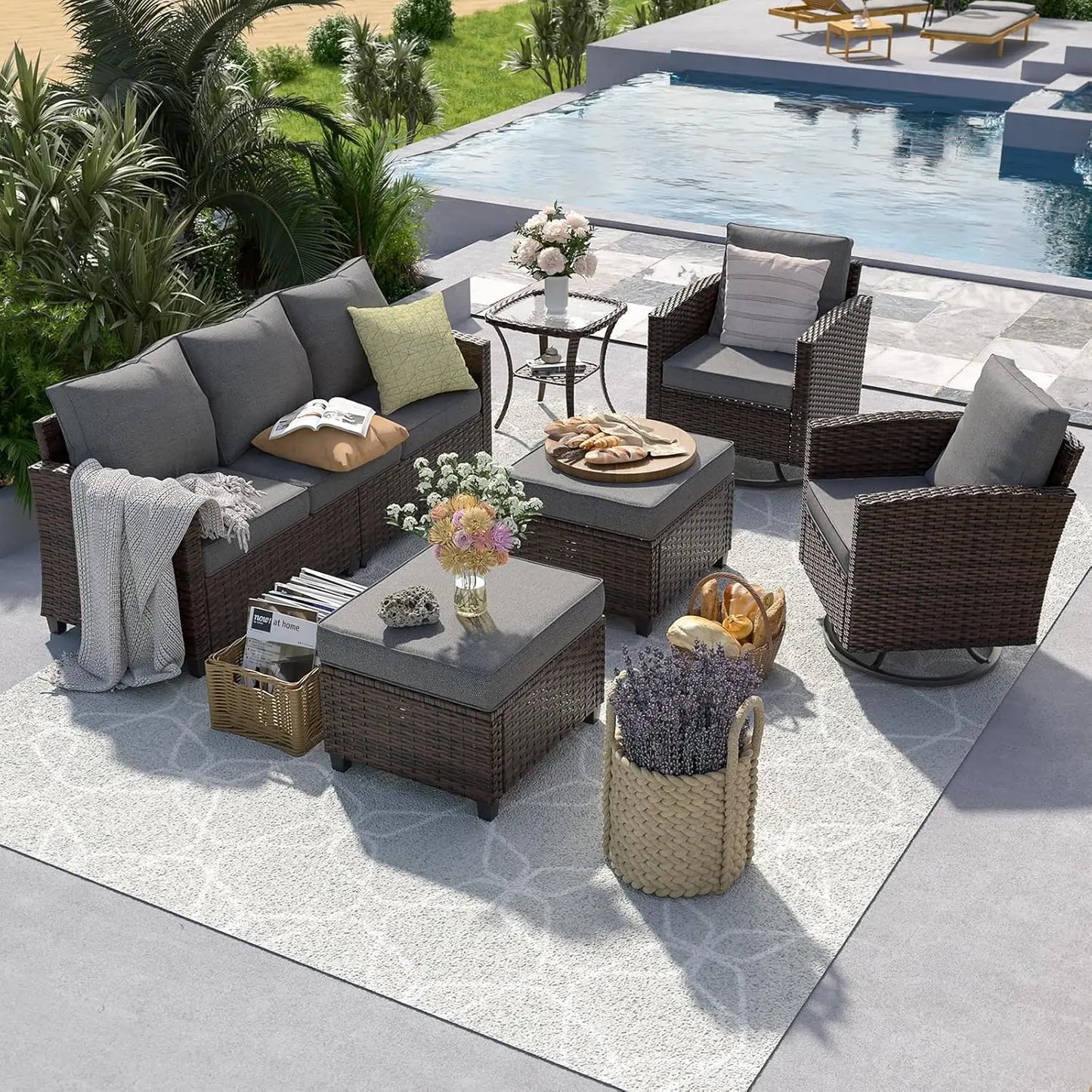 Six Piece PE Rattan Sectional Sofa Set With Swivel Chairs