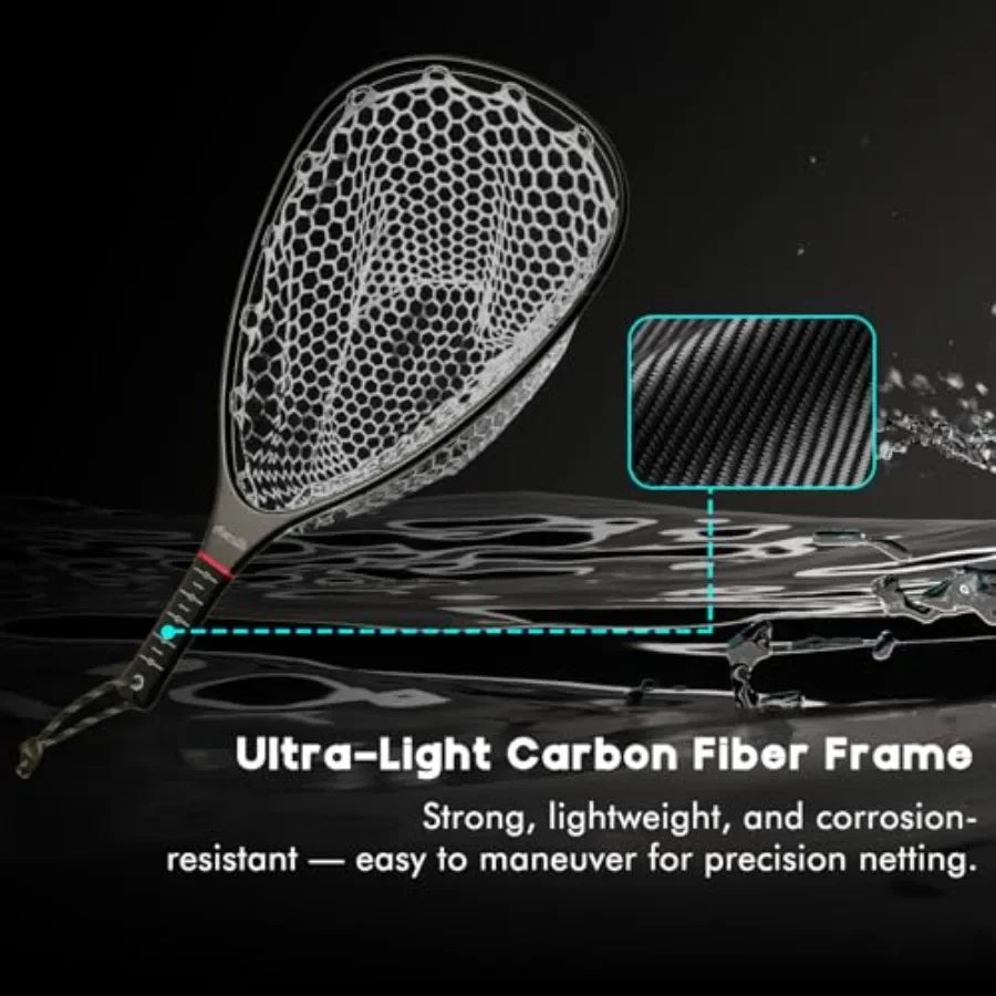 Fly Fishing Landing Net For Trout With Carbon Fiber Frame And Soft Rubber Mesh