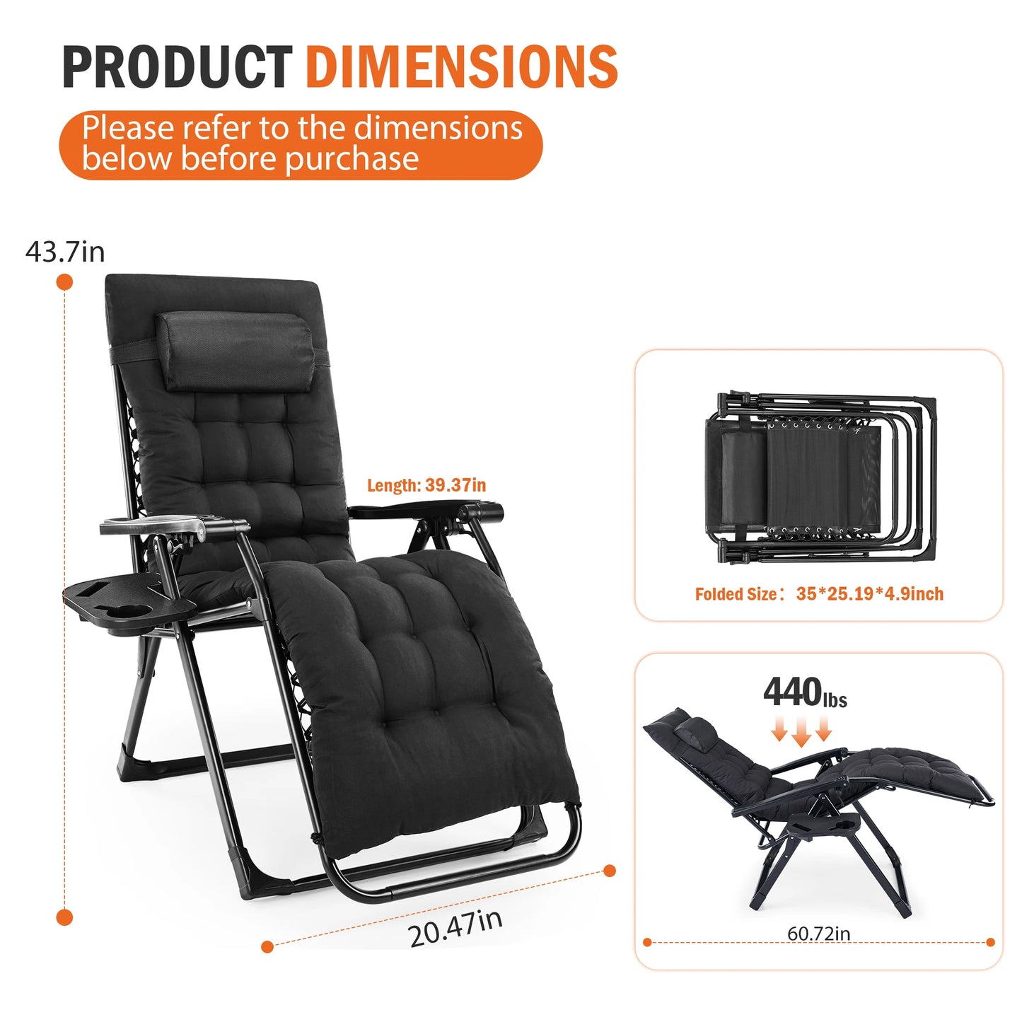 JHK Zero Gravity Reclining Camping Lounge Chair With Cup Holder Trays