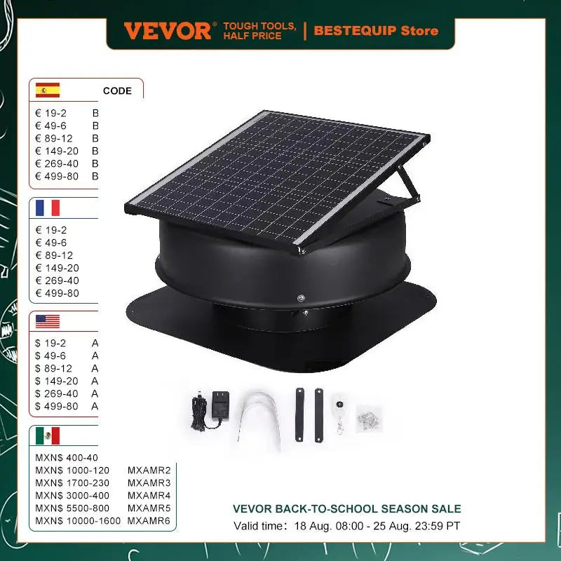 VEVOR Solar Attic Fan 40W 1230 CFM with Smart Adapter