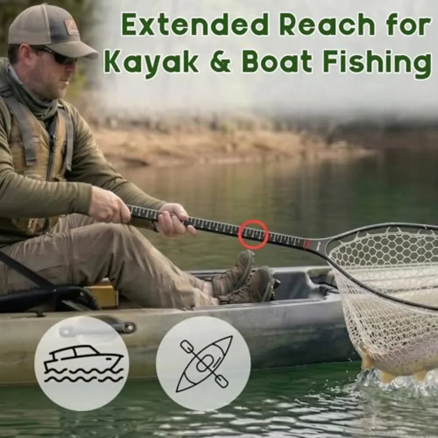 Fly Fishing Landing Net For Trout With Carbon Fiber Frame And Soft Rubber Mesh