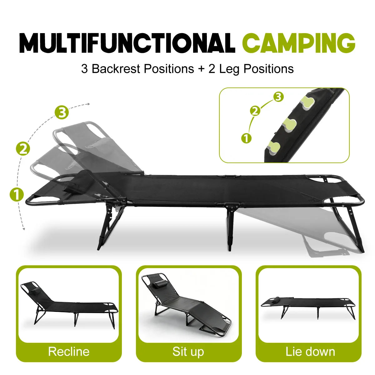 Adjustable Three-Position Folding Camping Lounge Chair With Removable Cushion