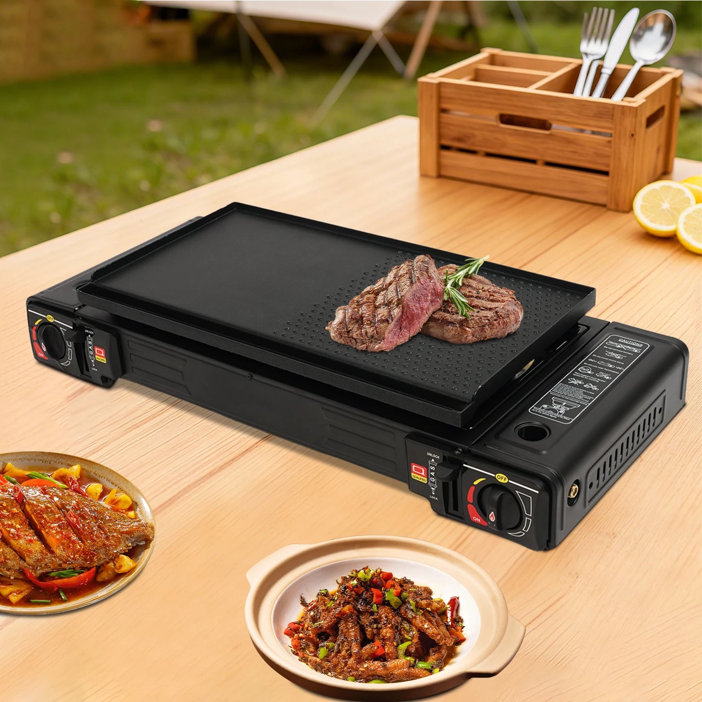 Two Burner Portable LPG Stove With Piezo Ignition Carry Case