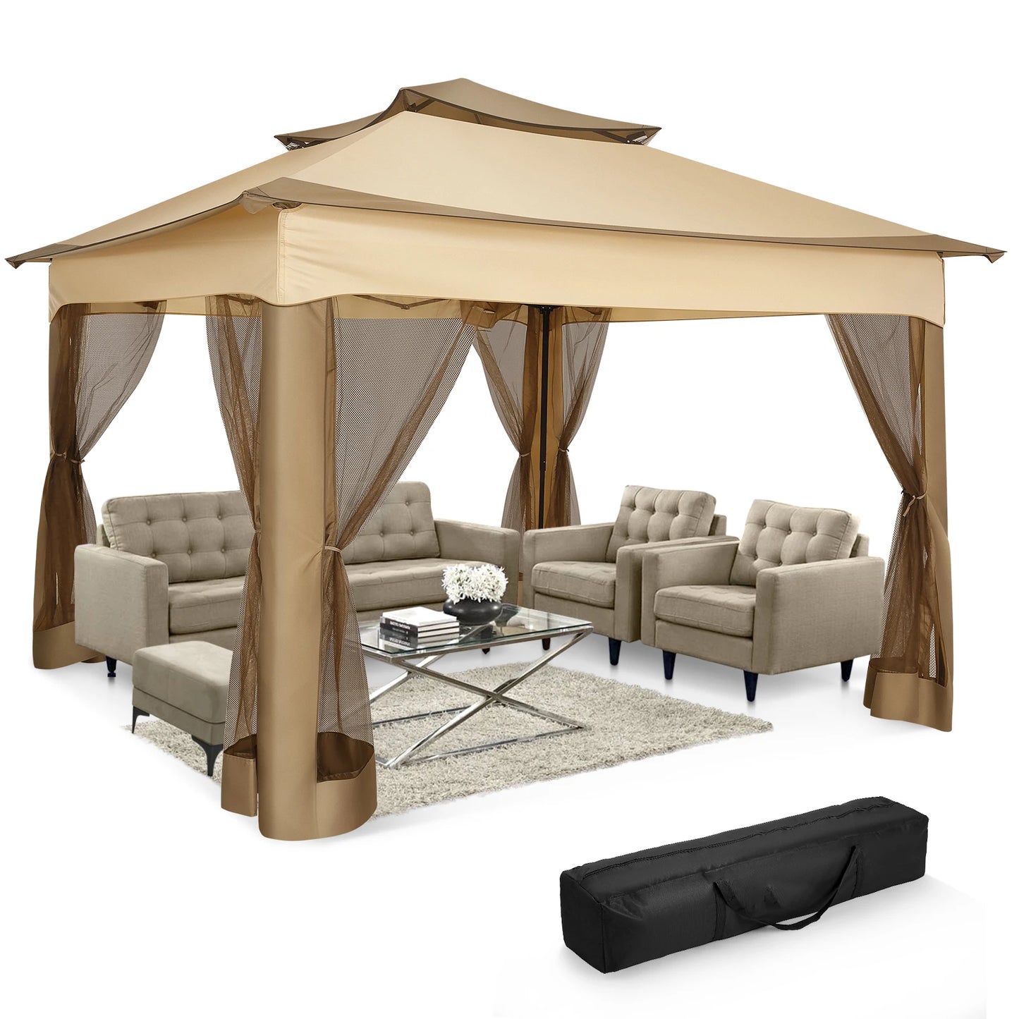 Pop Up Gazebo Canopy Tent With Mosquito Netting And Double Roof Ventilation