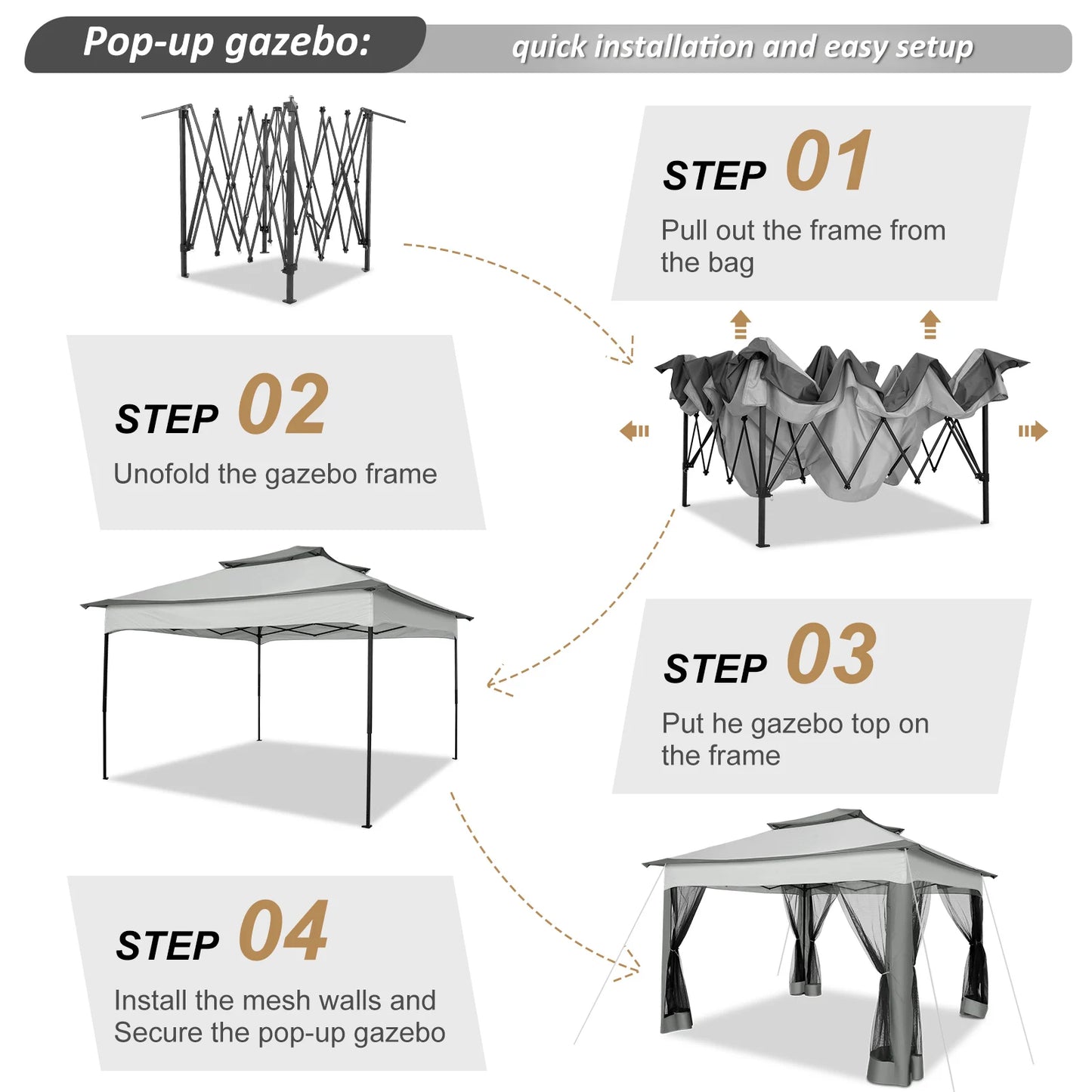 Pop Up Gazebo Canopy Tent With Mosquito Netting And Double Roof Ventilation