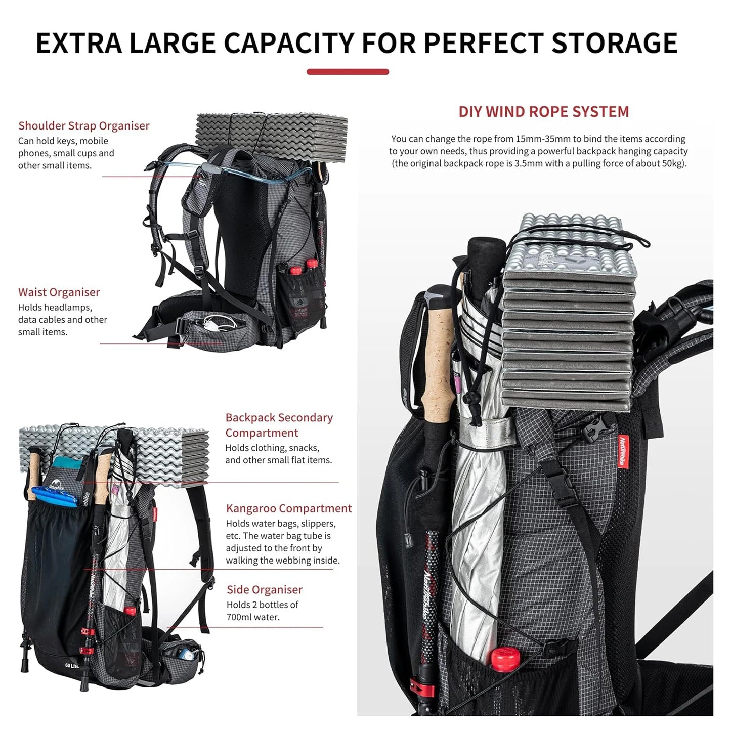 Naturehike Rock Outdoor Backpack Large Capacity Rain Cover Hiking Bag