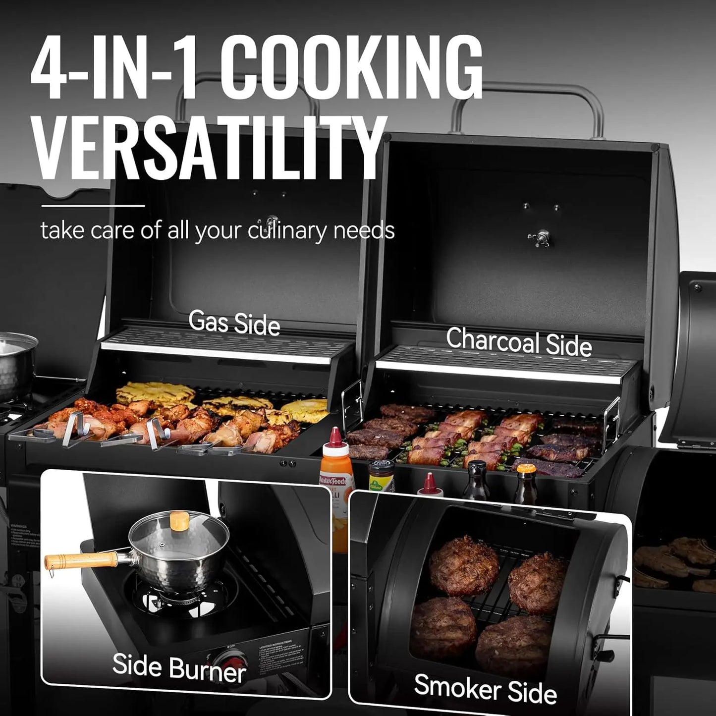 Dual Fuel Grill With Offset Smoker And Side Burner